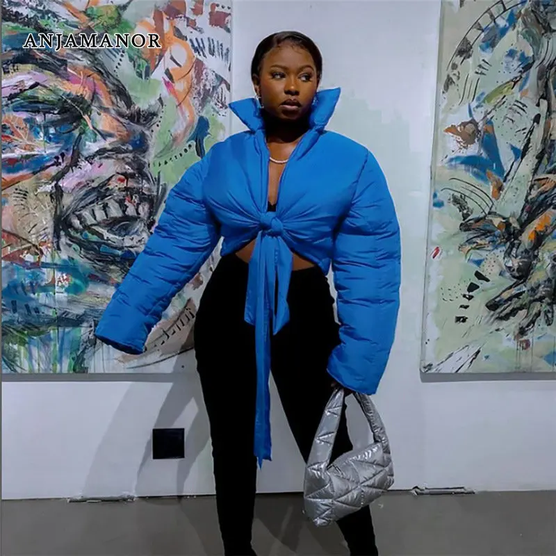 

ANJAMANOR Tie Up Crop Puffer Jacket Women Blue Black Bubble Coat Street Style Fashion Winter Clothes Outerwear D83-GE58