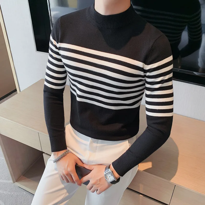 Stripe Knitted Sweater Men 2022 Autumn and Winter New Korean Slim Half High Collar Underlay Middle Neck Sweater Casual  clothes
