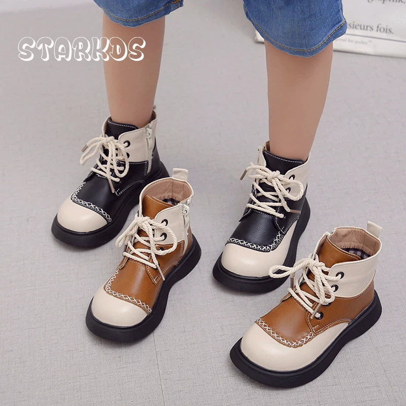 Thick Sole Lace Up Boy Boots Autumn New Retro Patchwork Leatherette Ankle Bootins Kids Casual Western Booties