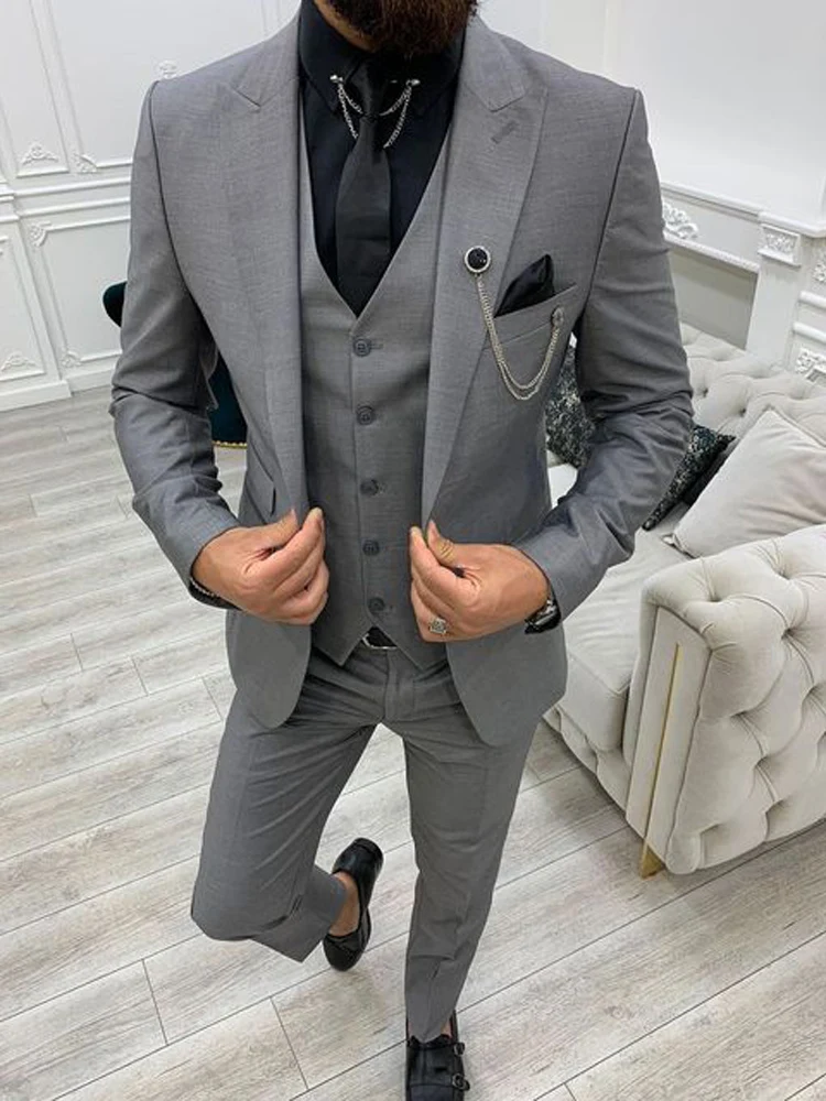 Costume Male 3 Pieces Solid Color Summer Peaked Lapel Wedding Slim Fit  Prom Tuxedos Blazer Groom Mens Suit