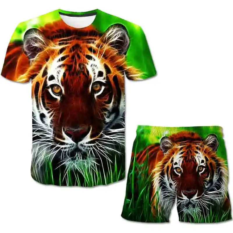 

Комплекты одежды для маленьких мальчиков и девочек из 2 предметов, летняя модная детская футболка с короткими рукавами и изображением тигра и животных + шорты, цветная одежда с рисунком