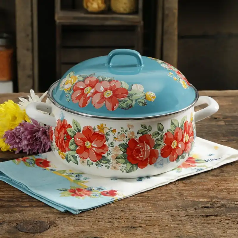 

Floral 4 Quart Enamel Cast Iron Dutch Oven with Lid Air fryer liner Wooden box Silicone for air fryer Air fryer silicone Roti pa