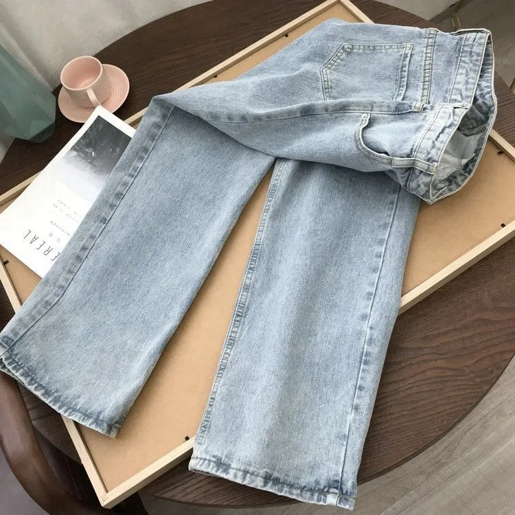 Straight high-waisted jeans denim schoolgirls new Koreanloose retro wide wind mopping pants