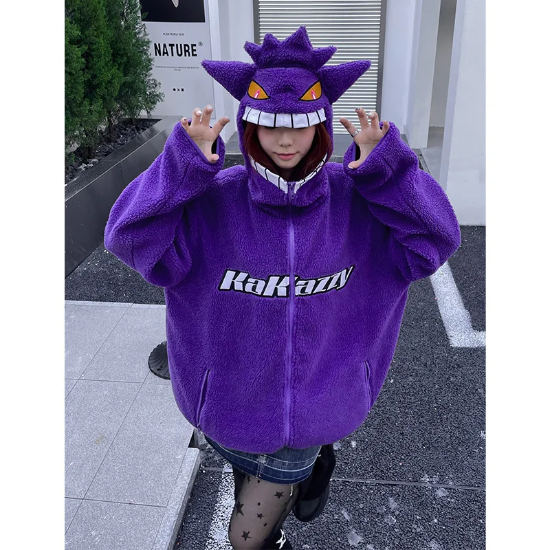 

Оригинальная куртка из овечьей шерсти Pokemon Gengar, Мужская модная брендовая универсальная куртка, трендовая Повседневная однотонная одежда с капюшоном