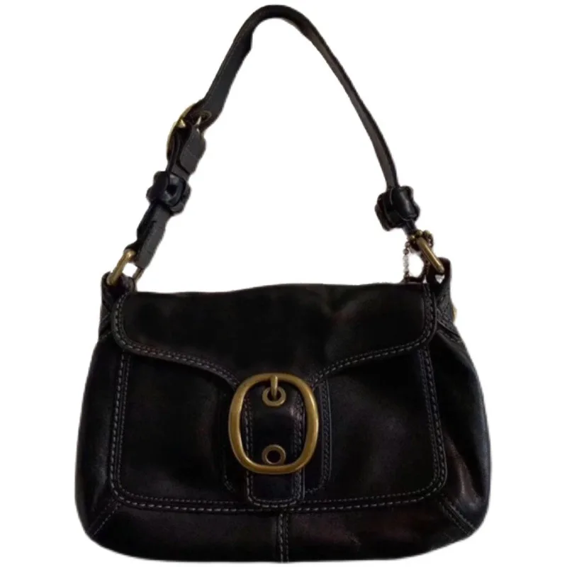 French Style Vintage Black Leather Underarm Bag for Women Y2K Spicy Girl Retro Shoulder Bag Female Armpit Bag 2023 Autumn