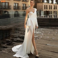 new one shoulder wedding dresses removable long sleeve sequins side slit sweep train bridal gown vestidos elegantes para mujer