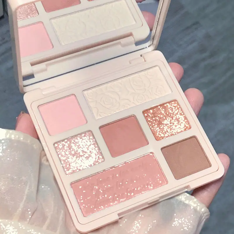 Палетка розовых теней для век с блестками 9 цветов жемчужные нюдовые матовые тени