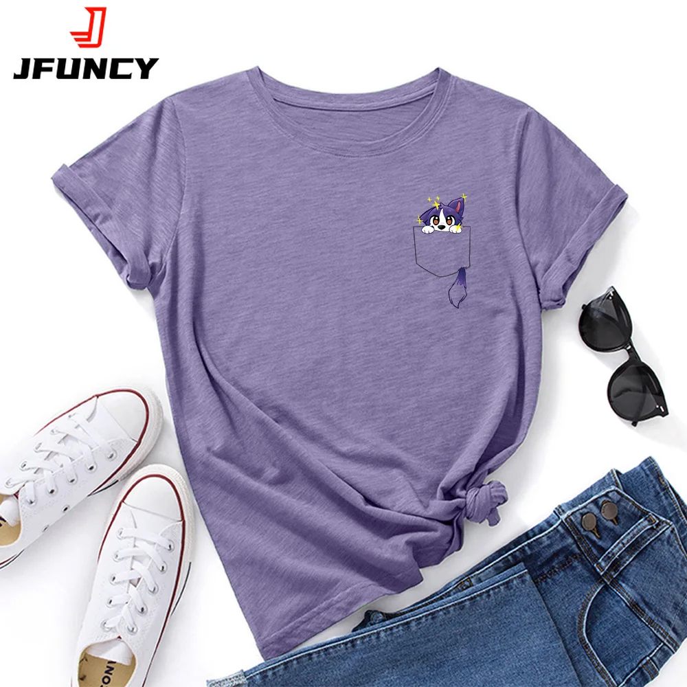 JFUNCY  Cartoon Pocket Printed T-shirts Women's Short Sleeve Tee Shirts 2022 Fashion Woman Tops Summer Female Tshirt
