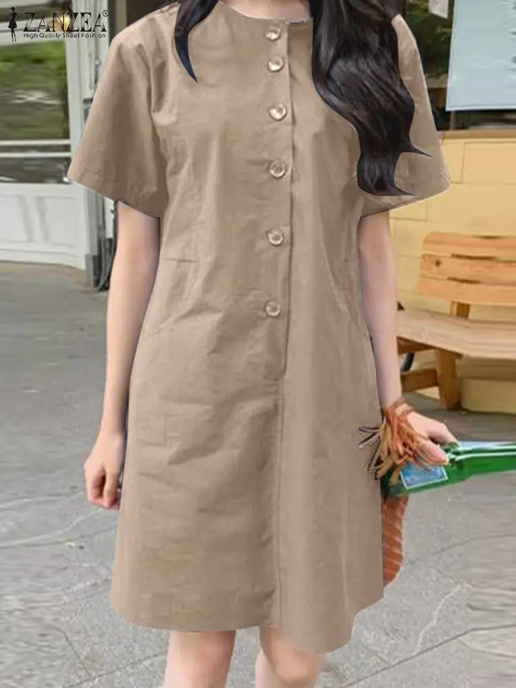 

ZANZEA Fashion Summer Sundress Women Elegant Short Sleeve Casual Knee-length Dress 2023 Stylish Loose Solid Party Vestido Kaftan