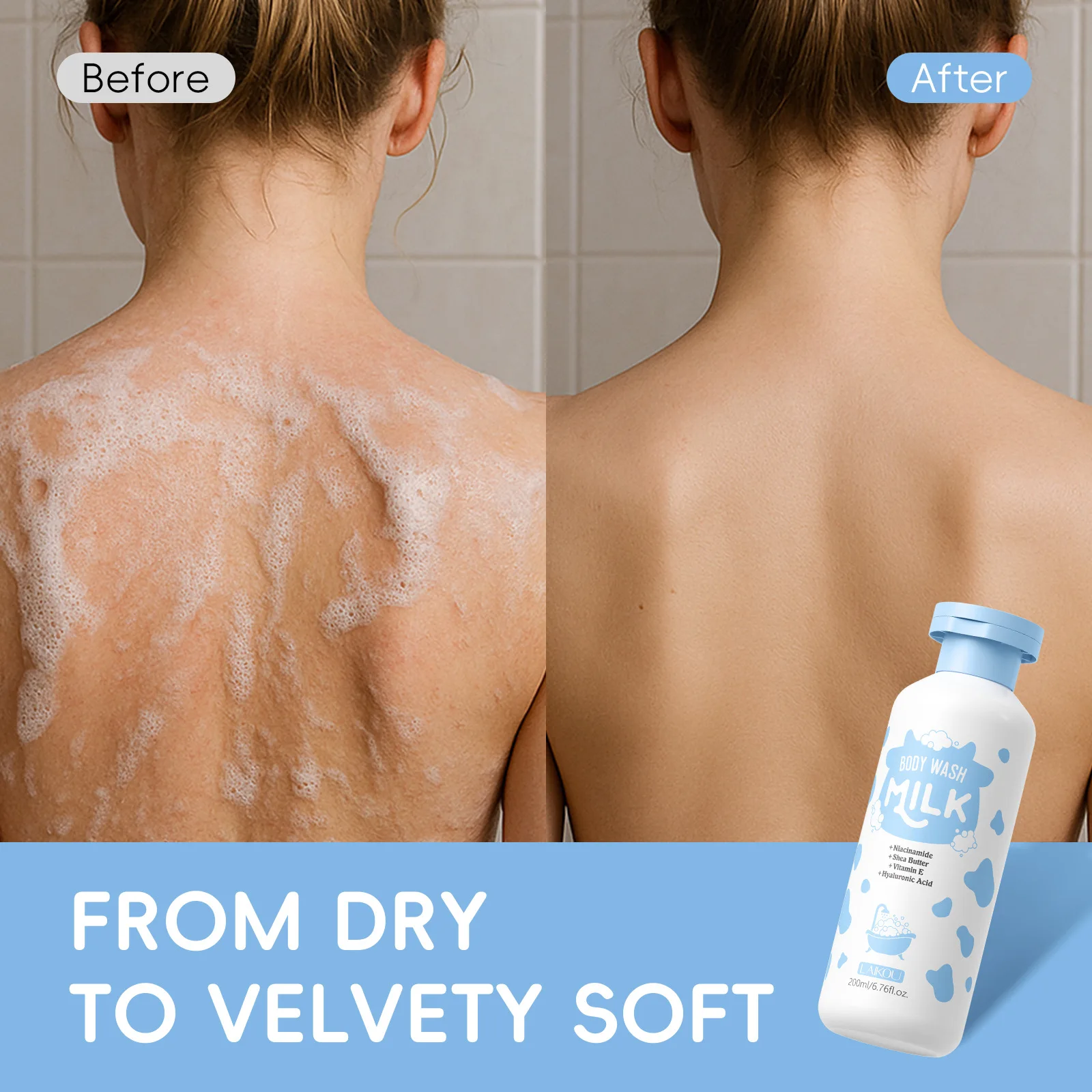 Фото LAIKOU Увлажняющий гель для душа с молоком 200 мл, питательный гель для душа для сухой кожи, увлажняющее средство для ванны для женщин и мужчин №5