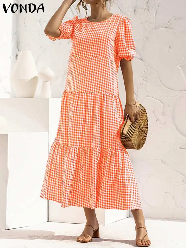

Casual Solid Color Dress VONDA Palid Sundress Women Pleated Robe Sundress Female Sexy Party Short Sleeve Plaid Vestido Oversized