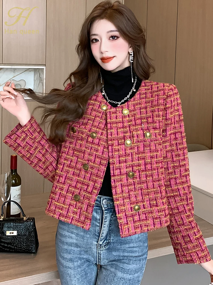 

Женская двубортная куртка H Han Queen, Модные Винтажные шикарные куртки в Корейском стиле, простые повседневные твидовые пальто с цветными блокировками, осень 2023