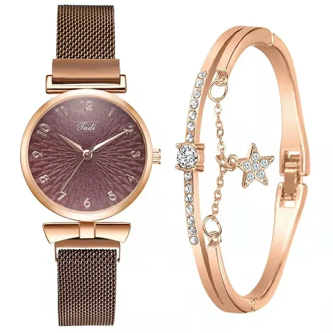 Часы наручные женские кварцевые, комплект с браслетом из розового золота на магнитной застежке, стальной ремешок