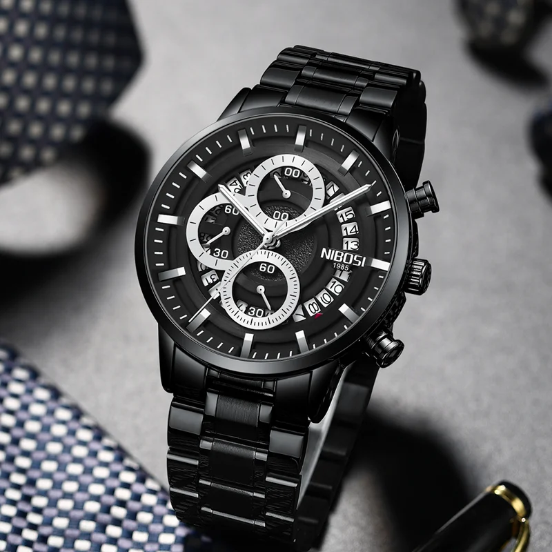 

Мужские водонепроницаемые кварцевые часы из нержавеющей стали, с хронографом