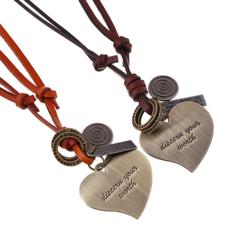 

Alloy Heart Shape Cross Charms Adjustable Men Necklace Carved Pendant Genuine Leather Vintage Jewelry Valentine's Day Gift 2022