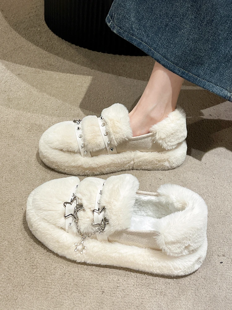 

Мокасины женские с круглым носком, кроссовки на платформе, без застежки, меховые криперы, повседневная обувь, лоферы, Осень-зима