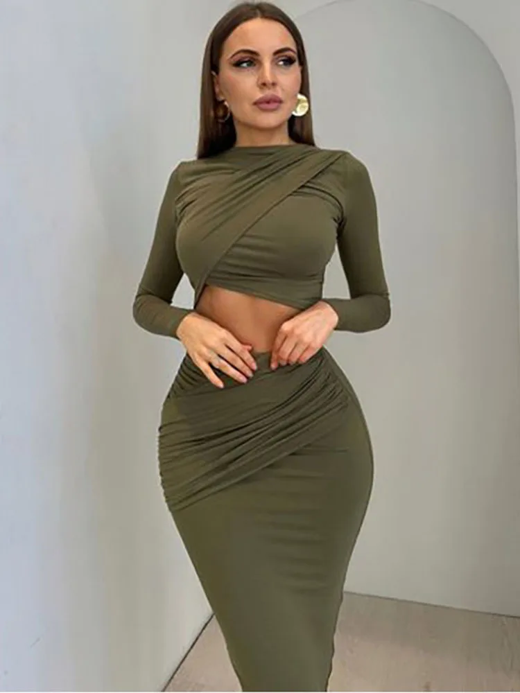 

Apprabant Solid Slim Fit Skirts Set Round Neck Long Sleeve Folds Sexy Open Navel Top High Waist Wrapped Hip Half Skirt Suit