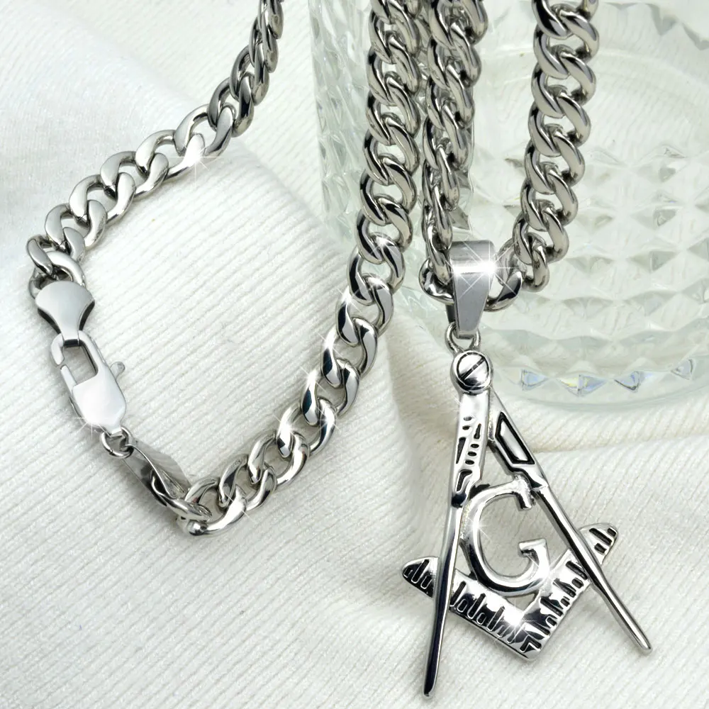 

Silver tone Freemasonry Masonic Mason Stainless steel Pendant Free chain necklace
