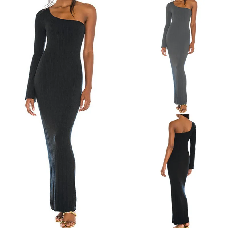 

Women Vintage Dresses Evening Party Fall Winter Clothes 2022 Chic Elegant Sexy Bodycon One Shoulder Long Sleeve Dress Night Club
