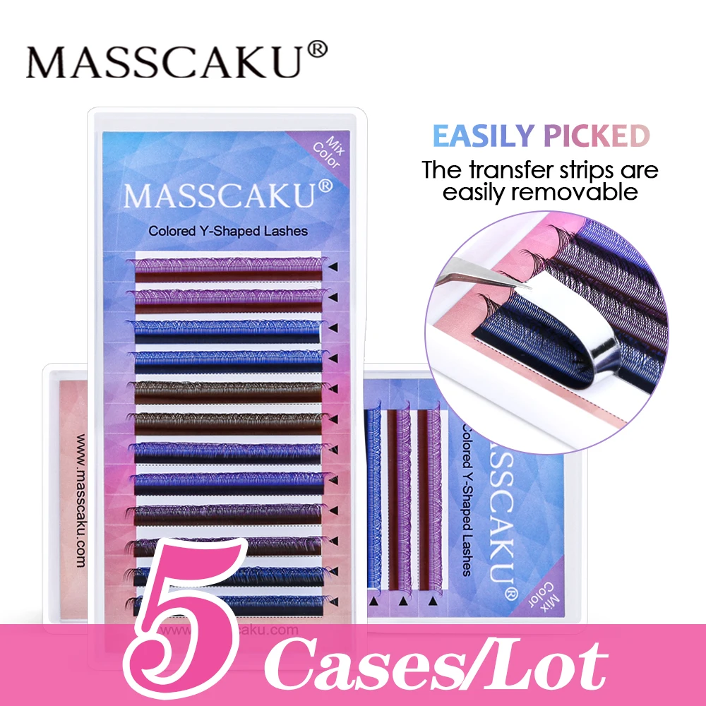 

5case/lot High Quality Masscaku Rainbow Y Shape Eyelashes Extension Faux Mink Mixed Color YY Eyelashes Natural Soft Hand Made