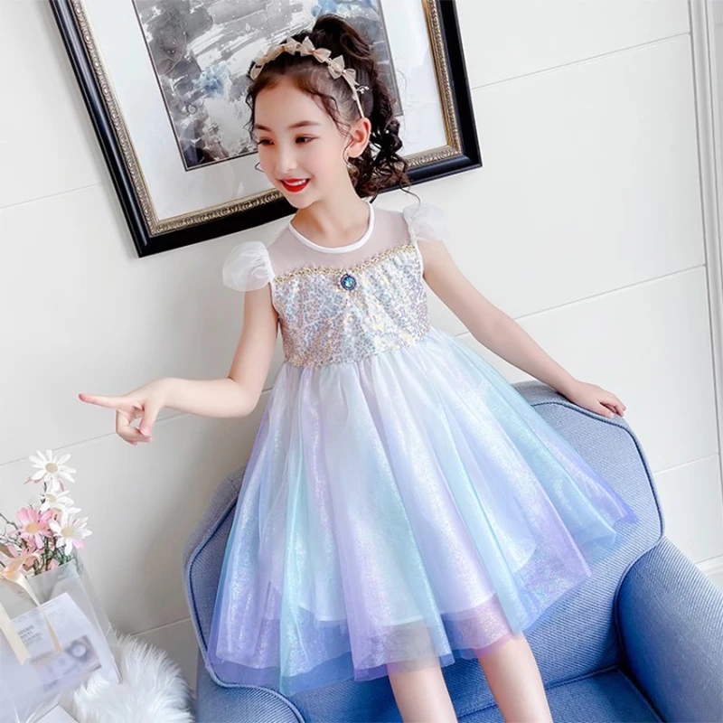 

New 2021 Summer Girls Dress Sapphire Ball Gown Dress Embroidery Baby Princess Sequined Mesh Dress Fashion Children Party Clothes