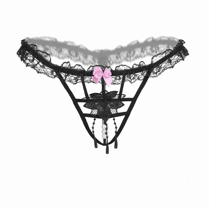 

AIIOU Womens Erotic Lace G-string Thong Pearls Crotch Less Sexy Lady Embroidery Rose Flower Panties Transparent Tassel Underwear