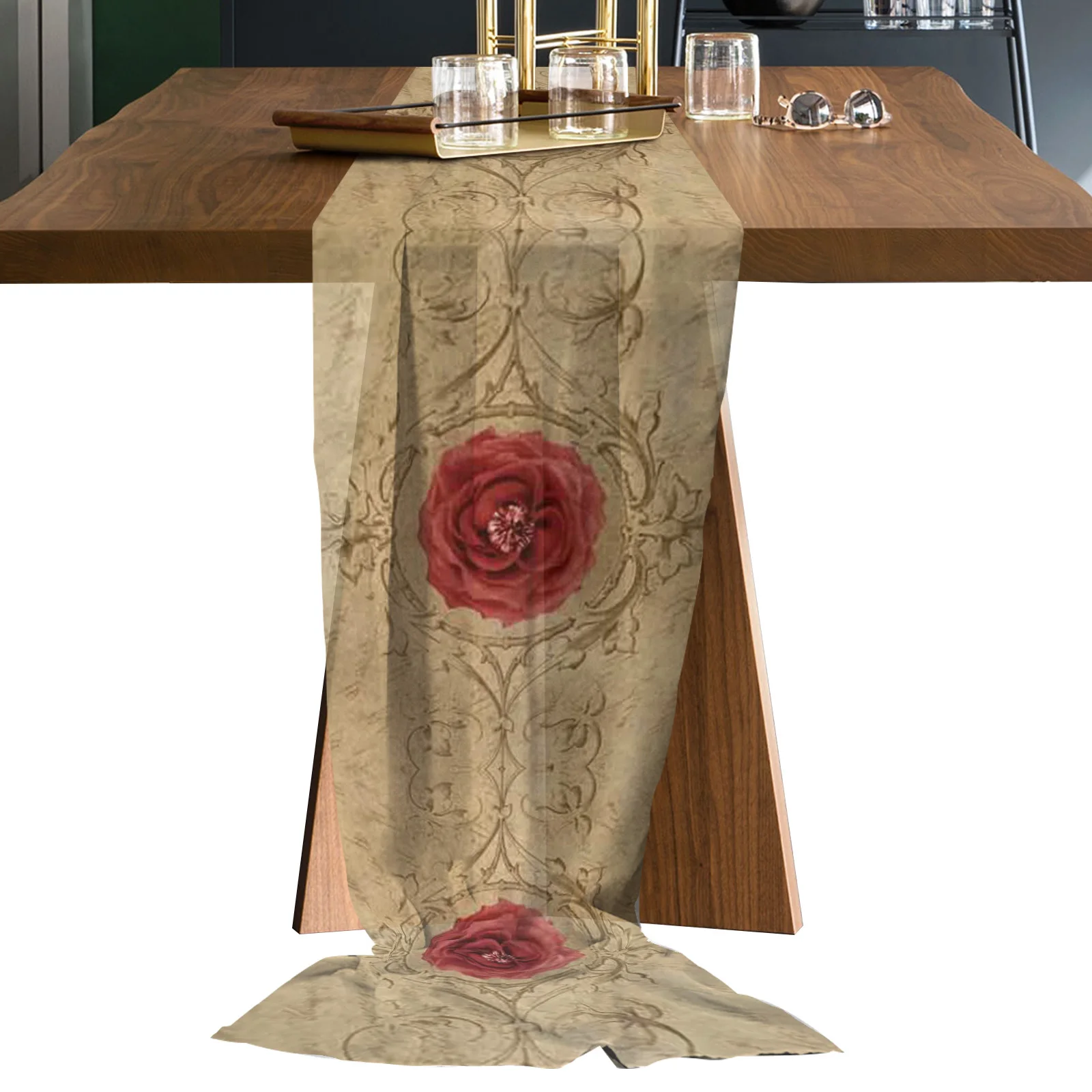 

Retro Flower Gem Red Sheer Chiffon Table Runners Rustic Gauze Dining Tablecloth Wedding Table Decor Gauze Table Runner