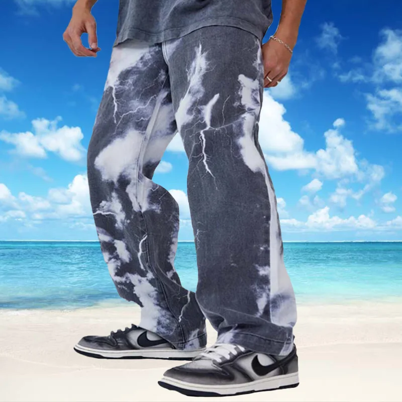 Loose Straight Jeans Men Tie Dye Print Sky Blue Denim Trouser High Quality Black Casual Pants Hip Hop Baggy Jeans Men