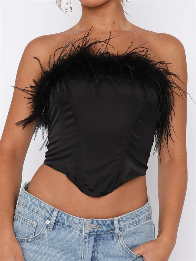 

CHRONSTYLE Sexy Women Solid Tube Tops Feather Patchwork Strapless Tank Summer Irregular Hem Exposed Navel Mini Vest Streetwear