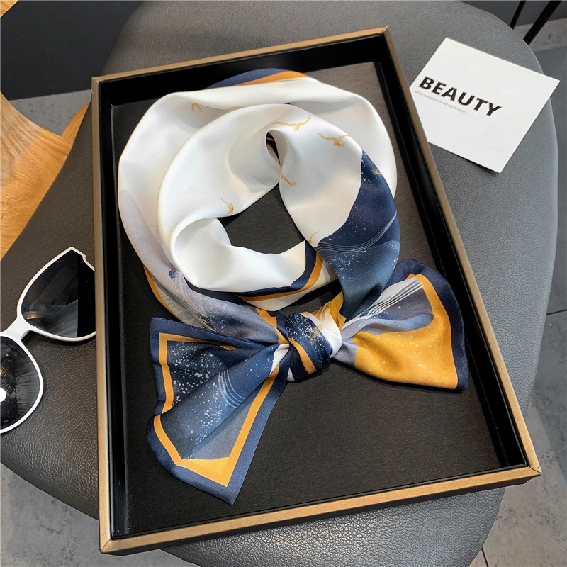 Классический атласный Шелковый тонкий шарф с принтом для женщин дизайнерские