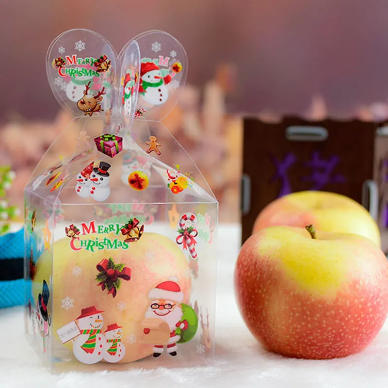 

10pcs Navidad Christmas Eve Apple Box Decoration Gift Pvc Transparent Candy Box Packaging Santa Snowman Elk Reindeer Party Needs