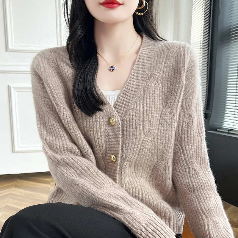 Autumn and Winter Cashmere Knitted Cardigan Women's Solid Color Jacquard Wool Sweater Retro Long Sleeve Coat Top Fash