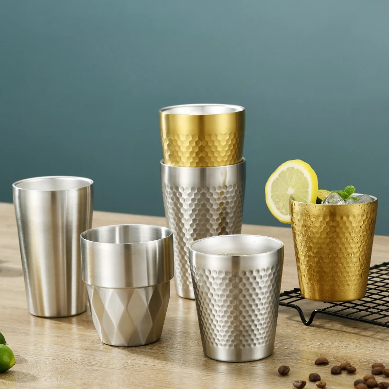 

Double-Wall 304 Stainless Steel Mug Hammer Diamond Texture Coffee Mug Beer Cup Water Mugs Double-Wall Prevents Scalding