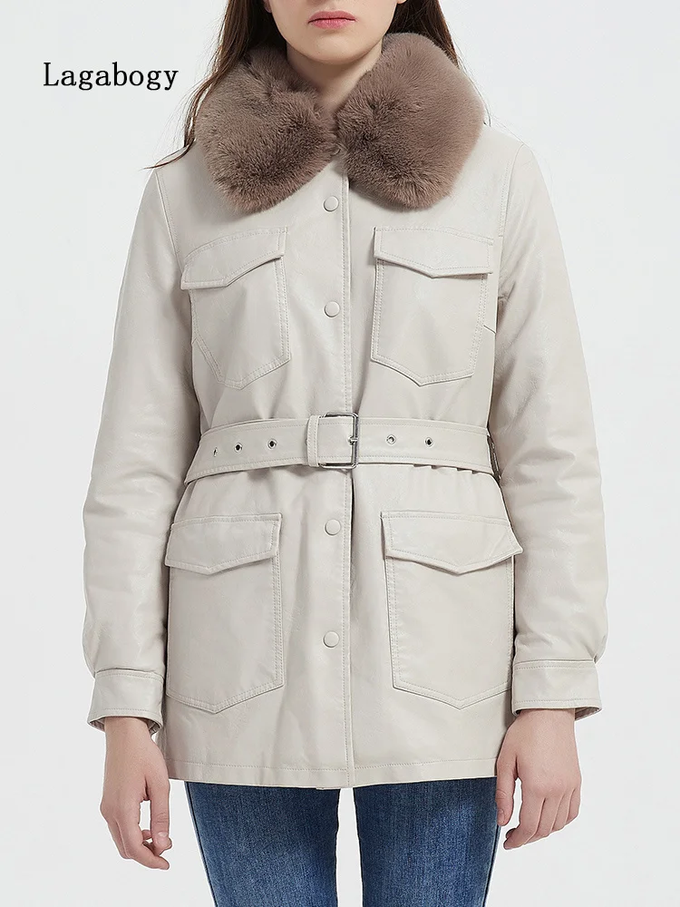 Large Winter Women Lagabogy Fur Collar New Faux Leather Jacket Streetwear Moto Biker Female Thick Warm Snow Puffer Coat Outwear