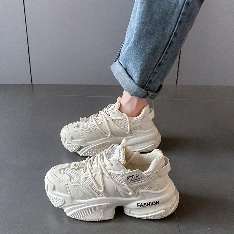 

Массивные женские кроссовки, сетчатая кожа, на платформе, на шнуровке, Модные кеды, толстая подошва, ручная работа