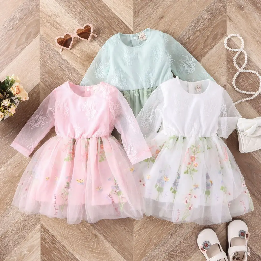 

Осень 2023, платье принцессы для маленьких девочек, платье с длинным рукавом и цветочной вышивкой, кружевное лоскутное Тюлевое Сетчатое платье, одежда для детей