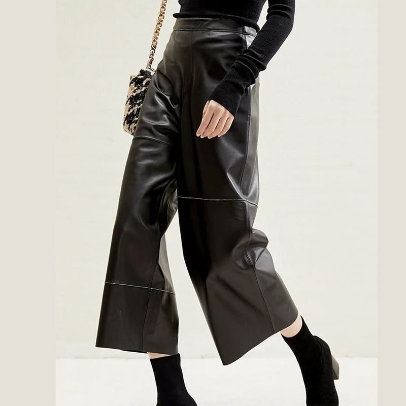 Genuine Leather Pants For Women Autumn/Winter Fashion Commuter Style Versatile Slim Line Design Wide Leg Straight Pantalon Femme