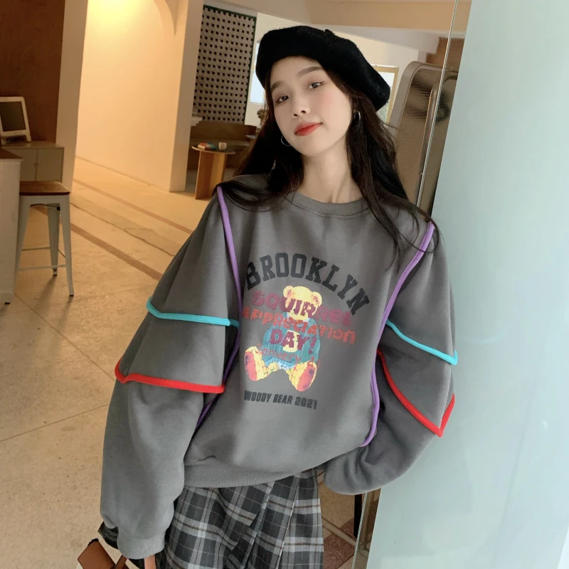 

Новинка 1021, пуловер с контрастными полосками и бархатными шикарными толстовками с круглым вырезом и длинными рукавами с принтом