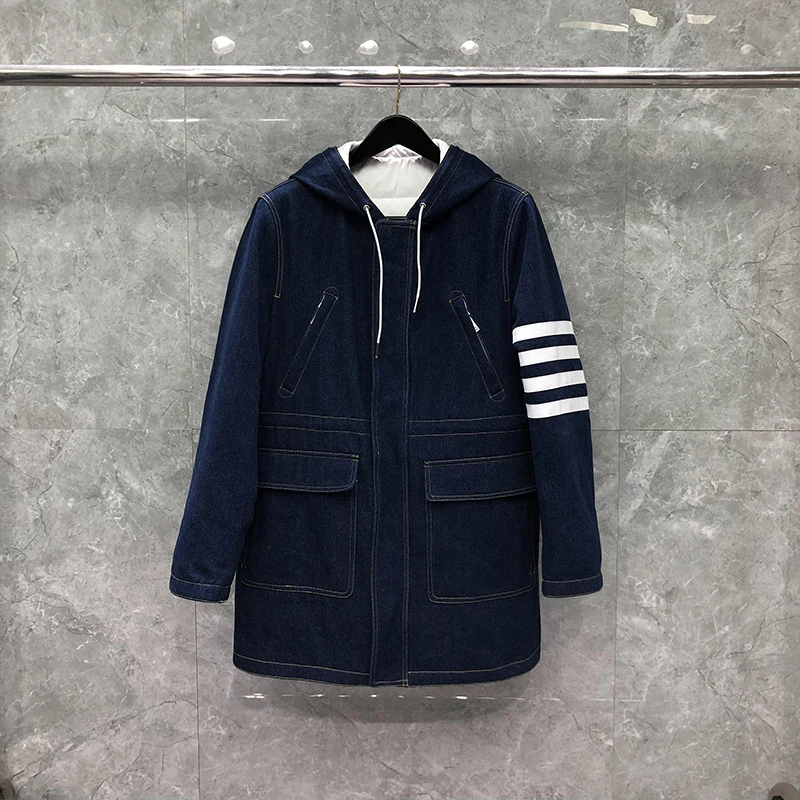 

Мужская куртка, модный брендовый ковбойский пуховик, мужское пальто, утепленное пальто, 4 полоски, с капюшоном на молнии, джинсовое пальто
