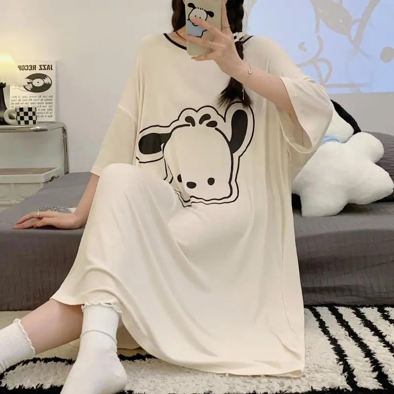 

Kawaii Sanrios Pochacco Cartoon Nightgown Short Sleeved Sleepshirt Pajamas Sweet Summer Loose Ladies Homewear Nightdress Gift