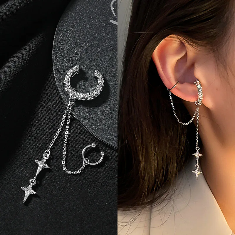 Блестящие Серебристые серьги-клипсы с кисточкой и кристаллами, не требующие пирсинга, серьги-клипсы для женщин, искусственная хрящевая ткань, ювелирные изделия для пирсинга