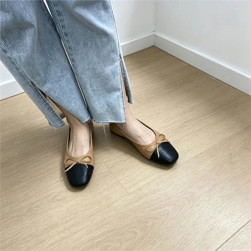 Фото Elegant Small Fragrance Women Flat Shoes Color Block Bowknot Square Toe Soft Leather Ballerina Slip On Casual Office Walking Shoes Zapatillas De Mujer №2