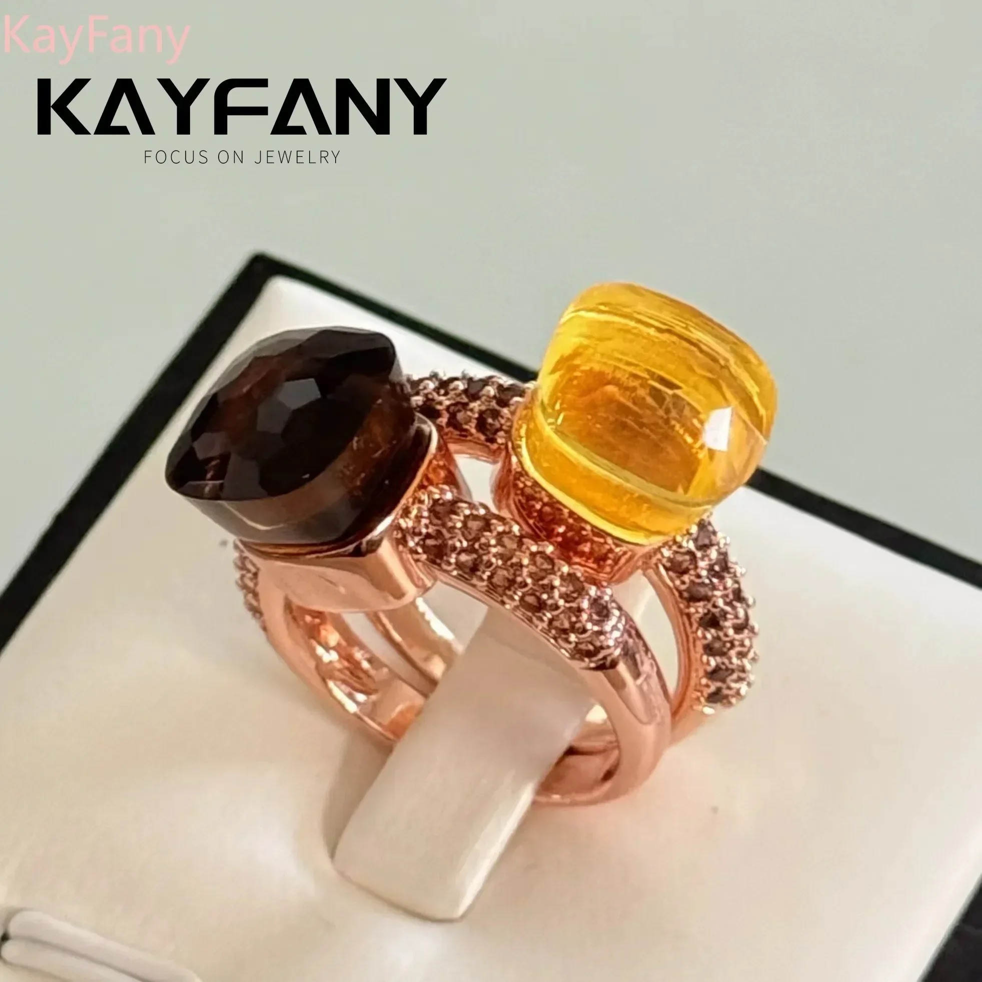 Фото Kayfany официальное классическое кольцо Nudo в конфетовом стиле с инкрустацией кристаллами коричневое кольцо с цирконом ювелирные изделия из розового золота для женщин лучший праздничный подарок №3