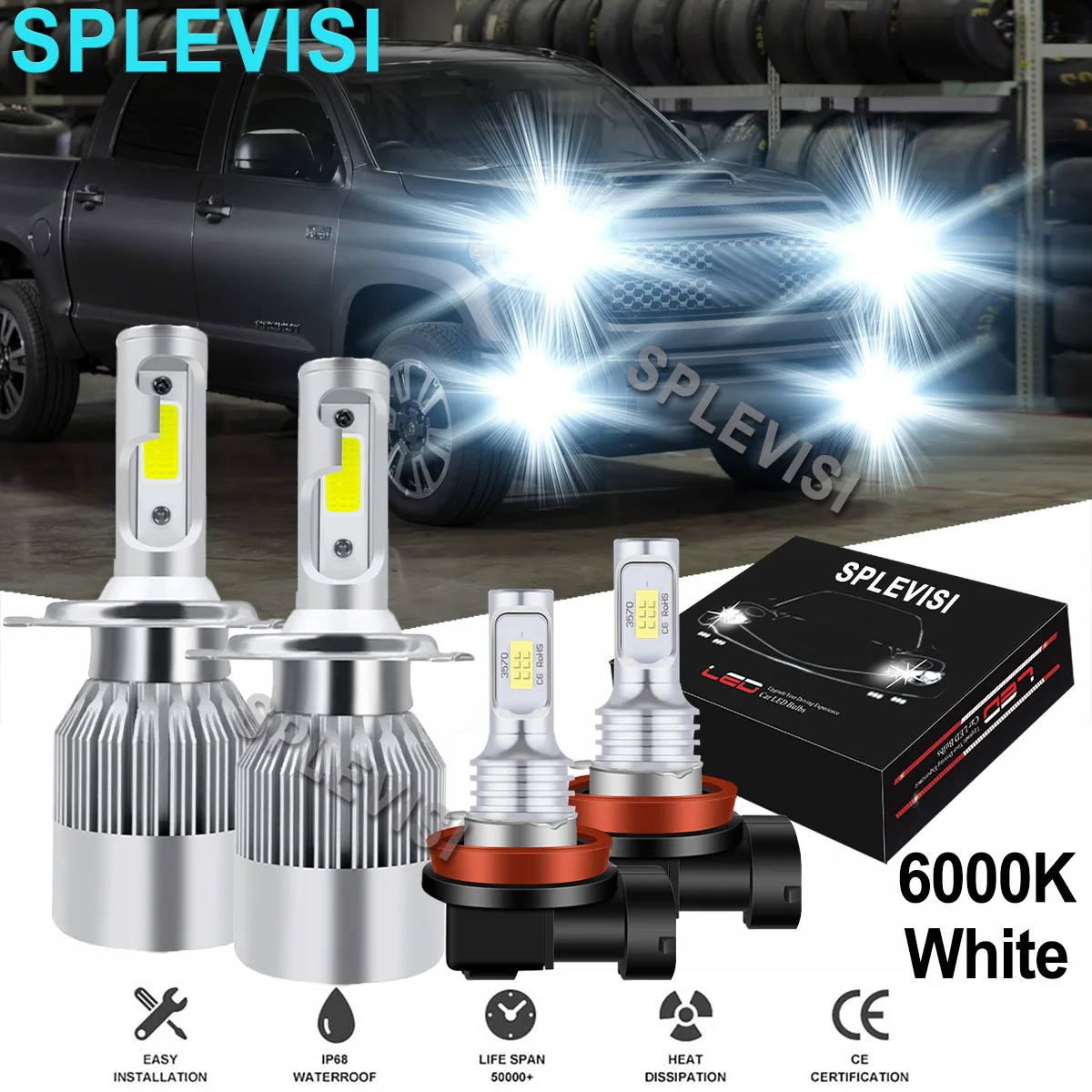 

4PCS Bright White LED Headlight Fog Light Bulbs 6000K Fit For Toyota Tundra 2014 2015 2016-2020 Toyota Hilux 2012 2013 6000K