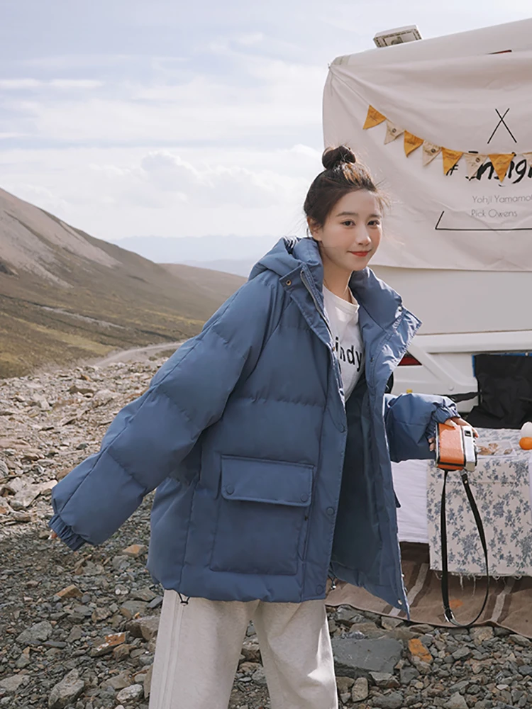 Autumn Winter Thicken Warm Medium Long Chic Parka Women Casual Sweety Solid Color Big Pocket Loose Hooded Coat Jackets Outwear