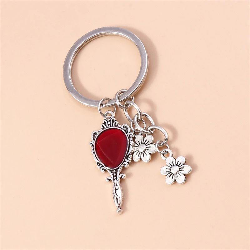 

Cute Mirror Keychains Antique Silver Alloy Flower Charms Keyrings Women Men Car Key Handbag Pendants Key Chains DIY Accessories