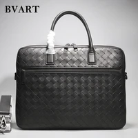 bvart mens top genuine leather briefcase shoulder messenger luxury brand design woven handbag 14 inch large capacity 2022 new