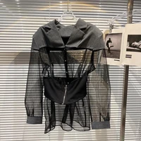 summer blouse 2022 new mesh transparent shirt with waist belt womens perspective organza shirts lady long sleeve blouses mujer