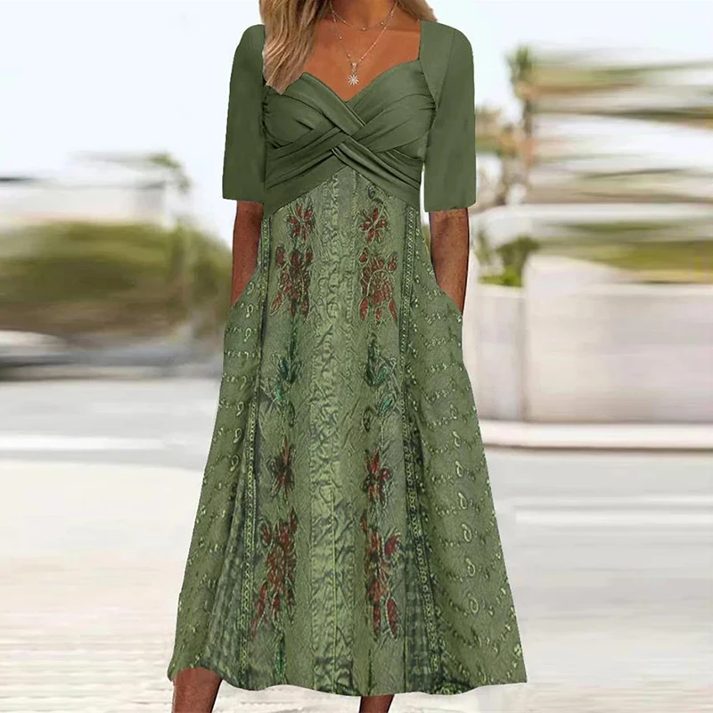 

Винтажное длинное платье с цветочным принтом и карманами, повседневное элегантное Плиссированное офисное платье с коротким рукавом, модное летнее платье с V-образным вырезом