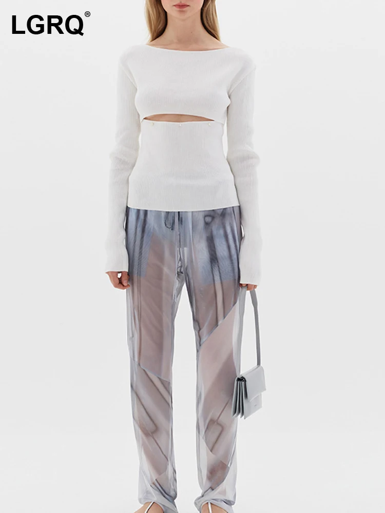 

LGRQ 2023 Fashion Design Women's Street Wear Hollow Out Long Sleeve Knitted Tops Elegant Luxury Girls Sweater Pullover 19F1682